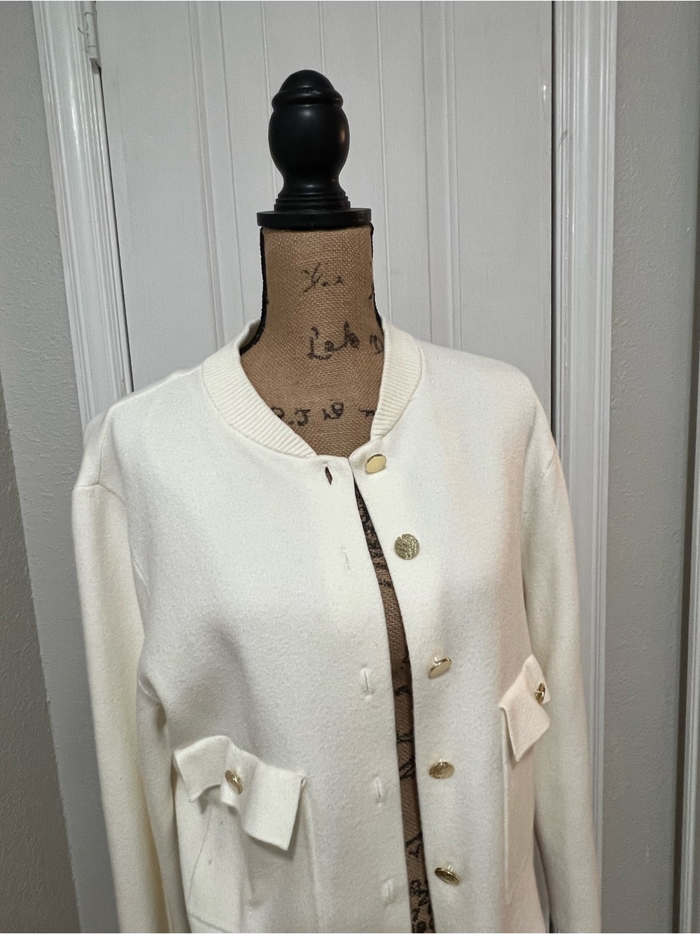 Marc New York Cream Button-Front Knit Jacket with Flap Pockets